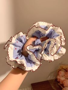 XINDONGXINGQIU | Korean Style Blue Lace Double Layered Gingham Extra Large Hair Scrunchie