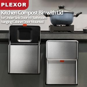 Plexor 5/8L Hanging Trash Can with Lid 430 Stainless Steel Kitchen Compost Bin with PP Inner Bucket Home Garbage Can for Kitchen Cabinet Door Mounted Trash Can Under Sink Door RV Bathroom(Silver/White/Grey)