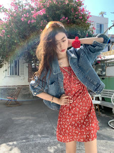 Red Floral Print Square Neck Short Sleeve Dress Womens Summer Slimming Short Skirt Korean Style Commute Vintage Tea Break Dress