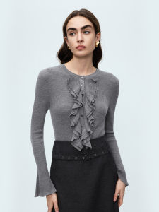 LANCY FROM 25 | Wool Ruffle Bell Sleeve Slim Fit Round Neck Sweater