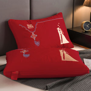 New Wedding Pillow Set Red Cotton Embroidered Wedding Gifts for Newlyweds Marriage Bedding Polyester Fiber Rectangular Pillows