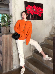 Thickened Orange Knitted Sweater Women Loose Lazy Style Thickened Woolen Thread Orange Outerwear Overhead Knitted Autumn Winter New Arrival