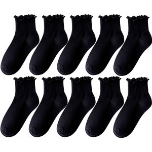 ถุงเท้า 5 คู่สําหรับผู้หญิง Ruffle Tube ข้อเท้าสั้น Breathable Cuffed สีดําสีขาวชุดฤดูใบไม้ผลิฤดูใบไม้ร่วงนุ่มสีทึบ