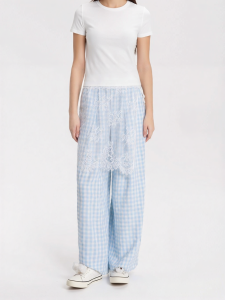 Lace & Plaid Stitched Womens Casual Pants Elastic Waist