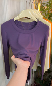 Slim Fit Womens T-Shirt Low round Neck Solid Color Inner Wear Long Sleeve U-Neck Base Top for Spring And Autumn Korean Style