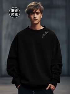 American Style Casual Loose Fit Mens Fleece Lined round Neck Sweatshirt Pure Cotton Spring Autumn Wear Comfortable Streetwear