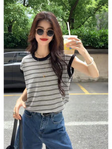 YUEZHONGWEI | French Style Slim Fit Striped Ice Silk Knitted Short Sleeve T-Shirt Women Summer New Fashion Round Neck Top With Small Flying Sleeves