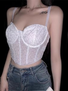 GUZILIAN | Áo vest sequin kimono họa tiết xương cá thời trang mùa hè cho nữ áo vest ngắn không tay chất liệu polyester phong cách Hàn Quốc