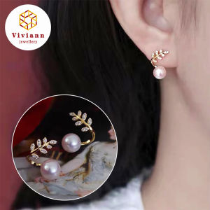 Viviann Original Design Tree Leaf Earrings Temperament Korean Pearl Earrings Korea New Fashion Gold Color Crystal Drop Earrings for Women Elegant Cute Pearl Earrings Jewelry