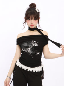 Sweet And Spicy Butterfly Print off Shoulder Sleeveless Short T-Shirt Womens Slim Fit Summer Top with Sash Creative Pattern