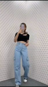 Cargo Jeans highwaist Wanita Kulot Losse Jeans HW Terlaris