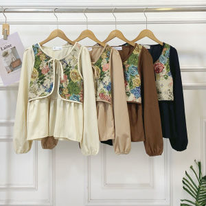 French Style Loose Long Sleeve Vest And Shirt Set Womens Fashion Court Retro Fake Two-Piece Set Tiled Pattern High Waist Type