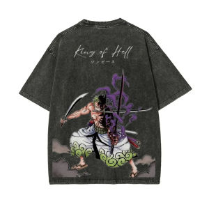 Bandai | ONE PIECE Zoro King of Hell Vintage Washed T-Shirt Three Knives Ghost Purple Fire Old Loose Anime Street Short Sleeve Summer Top