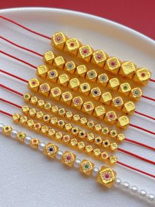 925 Antique Silver Plated Gold Accessories Engraved Red And Green Gem Octagonal Bead Separator Waist Top DIY Folk Art