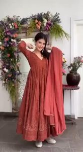 [PRE-ORDER] Size M To XL Party Wear Faux Georgette Long Anarkili with Pent and Dupatta Set~ Delivery Lead Time : 10 days