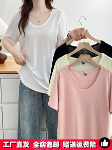 เสื้อยืดคอกลมแขนสั้นสีขาวสำหรับผู้หญิงไซส์ใหญ่ ทรงหลวม ทรงปกติ ใส่สบาย ฤดูร้อน 2025 เสื้อยืดคอวี ทรงเข้ารูป