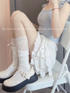 Sweet Butterfly Knot Ribbon Mid-Calf Socks Womens White Cotton Lace Trim Short Socks Summer Collection Fashionable Leg Shaping