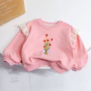 Girls Long Sleeve Lace Sweatshirt Spring Summer Loose Overhead Baby Top Childrens Loose Fit Crew Neck Cotton T-Shirt