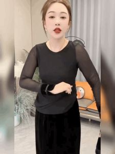 เสื้อยืดคอตั้งแขนยาวสไตล์ฝรั่งเศส ผ้าตาข่ายลูกไม้สีดำ เสื้อชั้นในแฟชั่น เสื้อชั้นในผู้หญิง คอตั้ง ลายลูกไม้ แขนยาว ปกติ