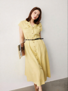 Linen-Blend Workwear Style Wrap Dress with Belt