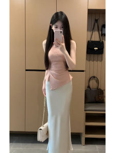 YUEZHONGWEI | Irregular French Pink Round Neck Slimming Waist Vest