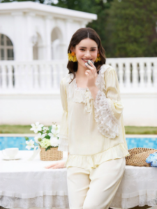Mybody | French Romantic Lace and Flounce Trim Long Sleeve Womens Nightwear