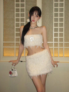 ChiclyNana American Spicy Girl Style Soft Plush Wrap Chest Top Low Waist Butt Short Skirt Two Piece Set for Young Women