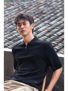 Black Half Zip Polo Shirt Short Sleeve Mens Summer Mature Stable Fashionable T-Shirt Loose Fit Iron Free Trendy Pure Color