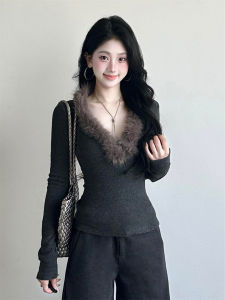 Stylish Korean Style Grey V-Neck T-Shirt Women Layereable Top