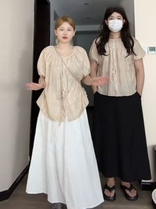 เอวสูงกระโปรงทรงเอสําหรับผู้หญิงขนาดบวกฤดูร้อน-พร้อมDropshippingแฟชั่นชุดยาวแขนสั้นและการออกแบบสีที่บริสุทธิ์