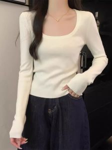 เสื้อชั้นในถักคอเหลี่ยมทรงเข้ารูปสำหรับผู้หญิง ฤดูใบไม้ผลิ 2025 แขนยาว สไตล์เกาหลี ปกติ สีสันสดใส คอกลม แขนยาว