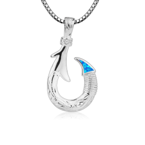 Fish Hook Pendant Necklace with Blue OpalSilver Fishing Jewelry for Men Nautical Outdoor Style Unique Gift for Fisherman