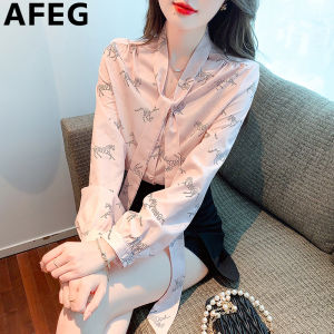 AFEG new Korean version V-neck bow fashion loose all-match printed chiffon long-sleeved blouse for women