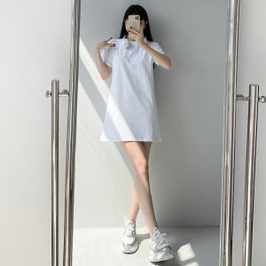 Mid-Length Cotton Short Sleeve T-Shirt Womens Summer Pure Color round Neck Pullover T-shirt Skirt Plaid Slim Looking Short Skirt Inner Wear Dress
