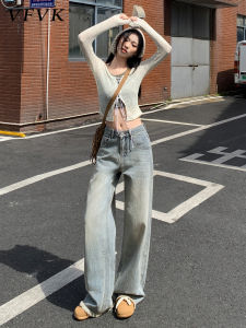 Vfvk Loose Wide Leg Denim Jeans Womens Autumn Winter New Drawstring American Retro Straight Drapey Floor-Length Pants