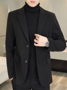 HENGYUANXIANG | เสื้อสูทผ้าขนสัตว์หนาสำหรับผู้ชาย สไตล์เกาหลี แฟชั่นฤดูใบไม้ร่วง/ฤดูหนาว เสื้อโค้ทผ้าขนสัตว์ลำลอง เสื้อคลุมกันหนาวแบบสวมหัว