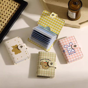 2025 New Ins Soft Girl Cute Cartoon Bear Plaid Leather Wallet Anti-Magnetic Coin Purse Womens Functional Small Bag Card Holder