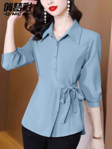 Elegant Long Sleeve Womens Chiffon Shirt Waist Cinched Design Beautiful Fashionable Top Korean Style Button Detail POLO Neck