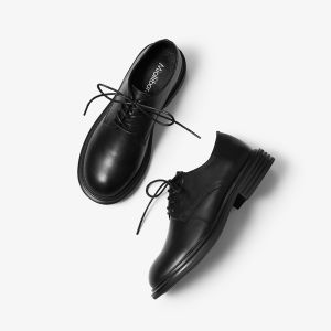 MIOLLIBARN | Lace-up Black Broad Toe Flat Leather Shoes Breathable