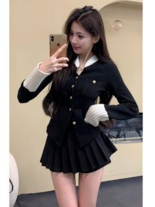 Spring Early High Waist Womens Outfit Korean Style College Fashion French Rich Girl Bunches Skirt Long Sleeve Button Closure