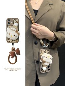 Adorable Plush Leopard Print KT Cat Doll Phone Case for  Silicone Protective Cover Vintage Style Crossbody Hanging Rope