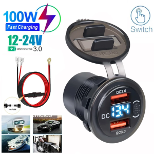 12v 24v usb car adapter  Dual Port USB Charger Socket USB-C PD & Dual QC 3.0 For Car Motorcycle With Voltmeter and Power Switch