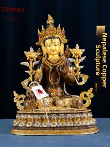 Handmade White Tara Gilt and Silvered Copper Sculpture