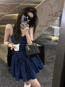 Đầm Denim Cạp Cao Ôm Sát Mùa Hè Cho Nữ Cỡ Lớn Đầm Xòe Đuôi Cá Cổ Chữ V Không Tay Váy Ngắn