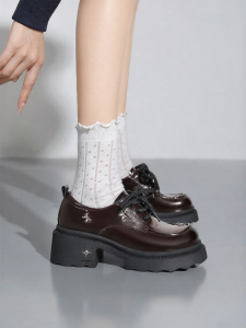 Josiny | Thick Sole Bowknot JK Style Coarse Heel Wine Red Loafers