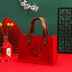 Red Wedding Celebration Felt Handbag Engaged Couples Return Gifts Lucky Character Sweet Bags Chinese Style Wedding Supplies