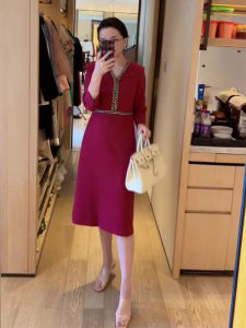Elegant French Long Dress Slimming High Waist Red Womens Autumn Fashion Gentlewoman Style Commute Vintage V-neck Midi Dress