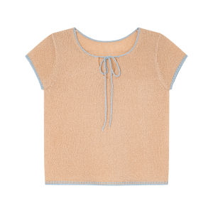 Colorblock Collar Light Soft Short Sleeve Knit Top for Women
