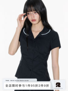 Original Design Black Slimming Contrast Color Ruffle Collar Short Sleeve Shirt Waist Cinched Doll Collar Cotton Blend Shirt