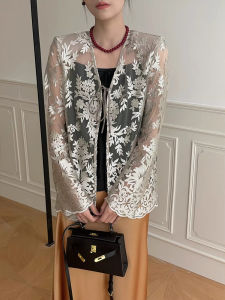 เสื้อคลุมกันแดดผู้หญิงฤดูร้อน ทรงหลวม แขนยาว คอวี สไตล์ทำงาน เสื้อคลุมกันแดดแบบมีเชือกผูก แฟชั่น ใส่กับกระโปรง